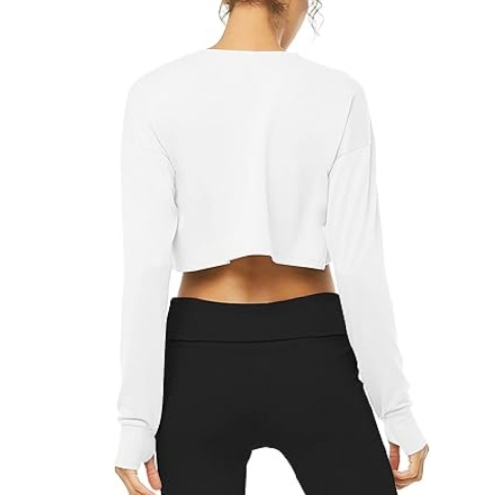 Bestisn Long Sleeve Crop Sweatshirt Top with Thumb Hole White